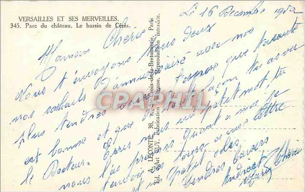 Versailles und seine Wunder — Park des Schlosses. Der Bassin von Cérès — Verlag A. Décomte, Paris - Rückseite