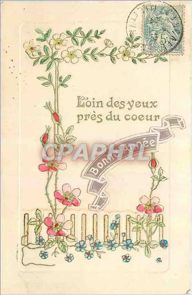 Fleurs et rosiers — 'Loin des yeux près du coeur' — éditeur non visible - Recto