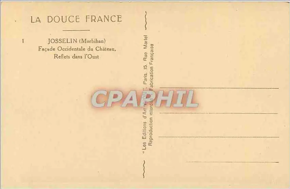 Josselin (Morbihan) — Facciata occidentale del castello, riflessi sull'Oust — Les Éditions d'Art Martel, Parigi - Verso
