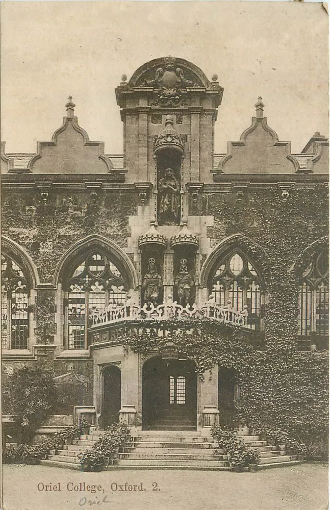 Oriel College, Oxford — uitzicht op de hoofdgevel — onbekende uitgever, n° 2 - Voorkant