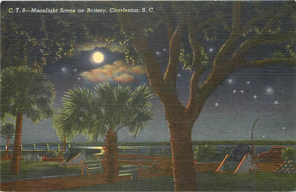 Cena sob a Lua na Battery, Charleston, S. C. — C.T.9 — editor C. T. Art Curtilic, Chicago - Frente