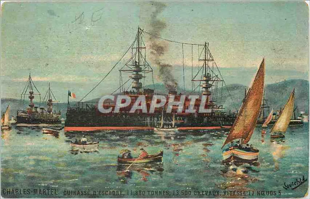 Navio de guinassé de escadra Charles-Martel — 11 880 toneladas, 13 500 cavalos, velocidade 17 nós — ilustração de Sovichild - Frente