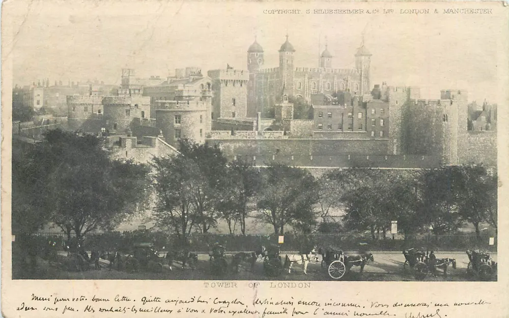 La Torre de Londres — vista panorámica — copyright Hildesheimer & Co Ltd, Londres & Manchester - Anverso