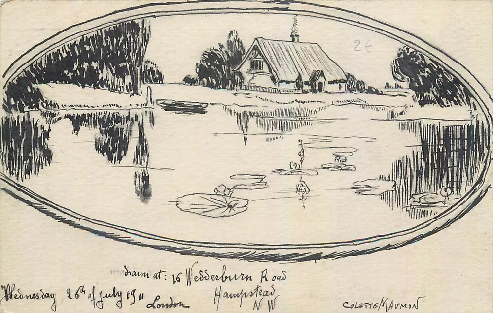 Paysage de lac avec maison — dessin à l'encre — Colette Maumont - Recto
