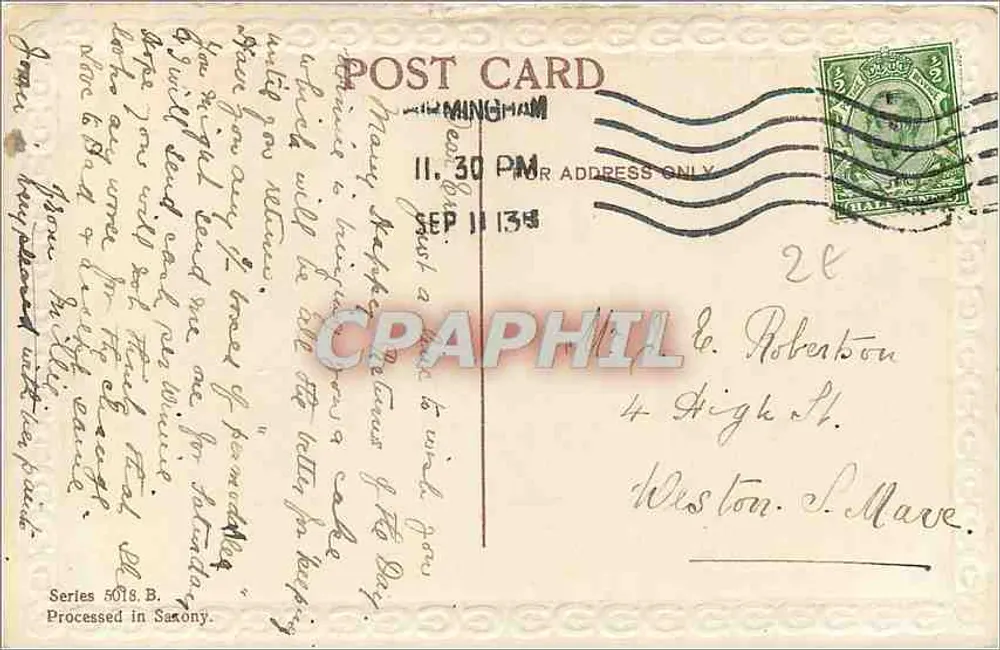 Femme et chien — scène de tendresse — éditeur 'Series 5018.B. Processed in Saxony' - Verso
