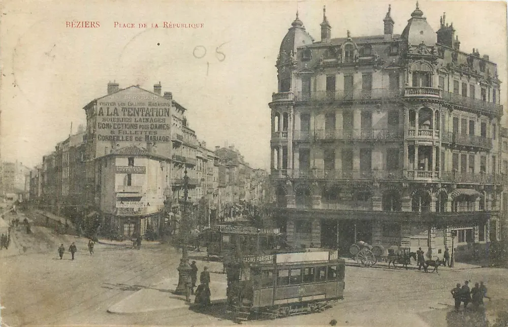 Béziers - Praça da República — vista da praça com trêm e edifícios — editor Bertrand, n° 06 - Frente