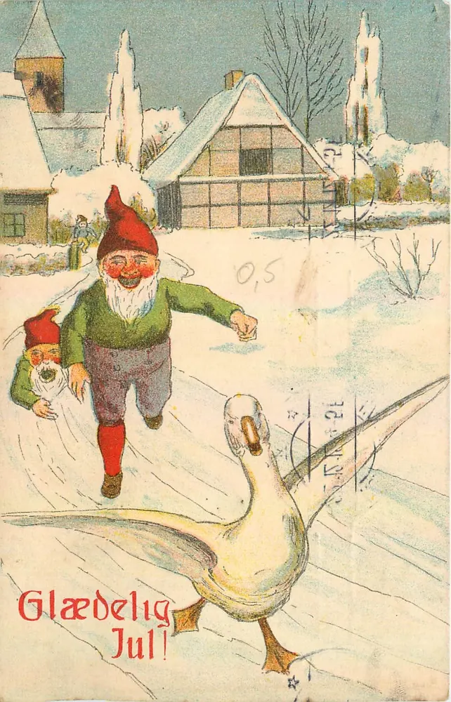 Gnomos e pato nevados — Glædelig Jul! — VERDENSPPOSTFORENINGEN - Frente