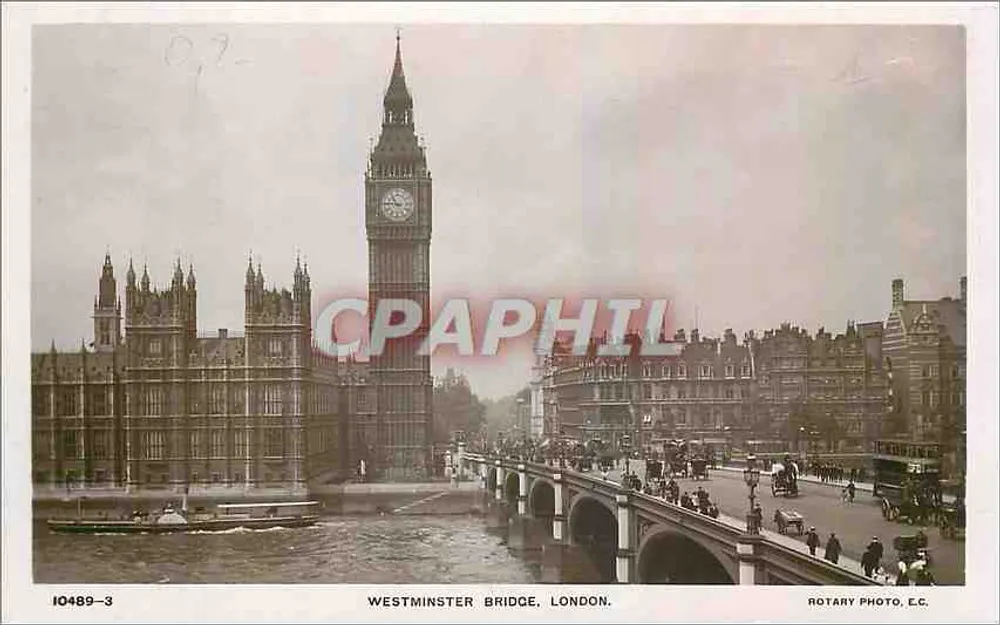 Westminster Bridge, Londres — vista com o Big Ben — Rotary Photo, E.C. n° IO489-3 - Frente