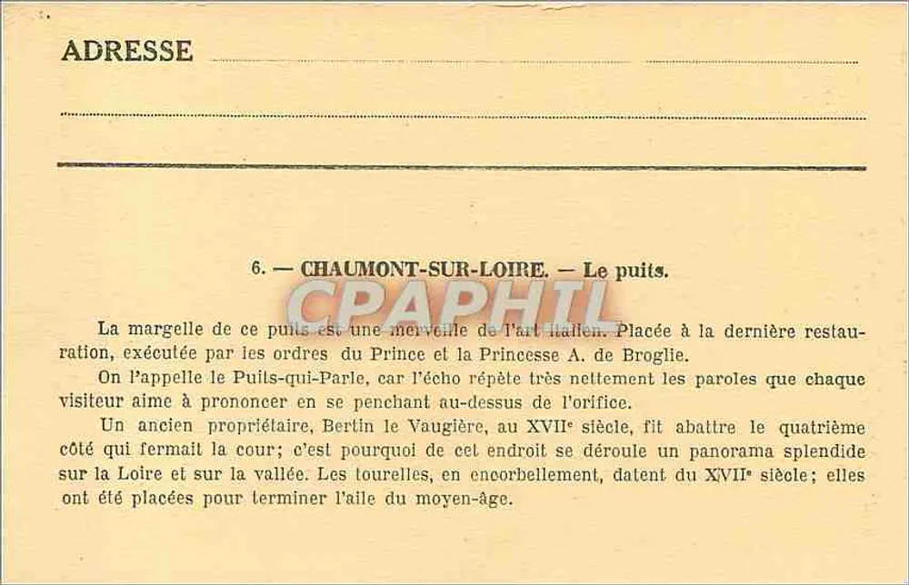 Château de Chaumont-sur-Loire (Loire-et-Loire) — Le Puits — Édition A. Simon, n°6 - Verso