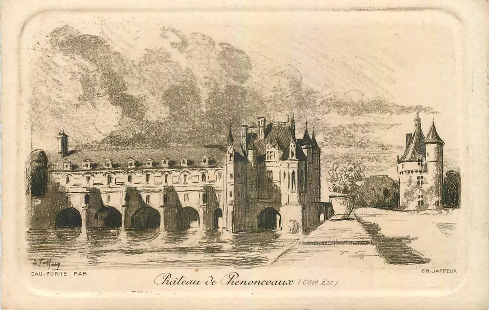 Château de Chenonceaux (Côté Est) — gravure à l'eau-forte par Ch. Jaffeux - Recto