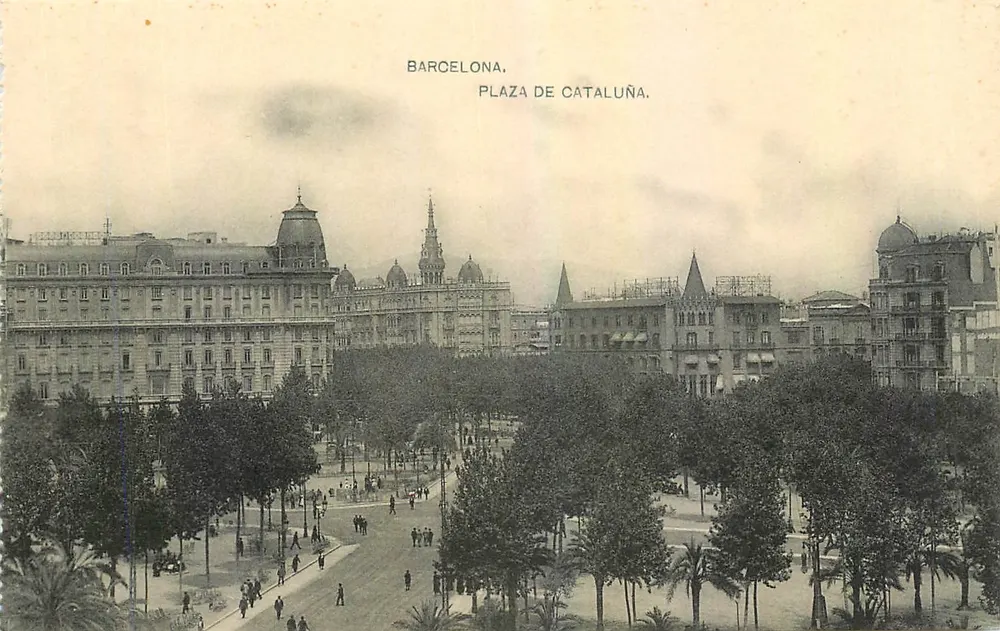 Barcelona, Plaza de Cataluña — vista panorámica — Phototypia de Lasas, Madrid - Anverso