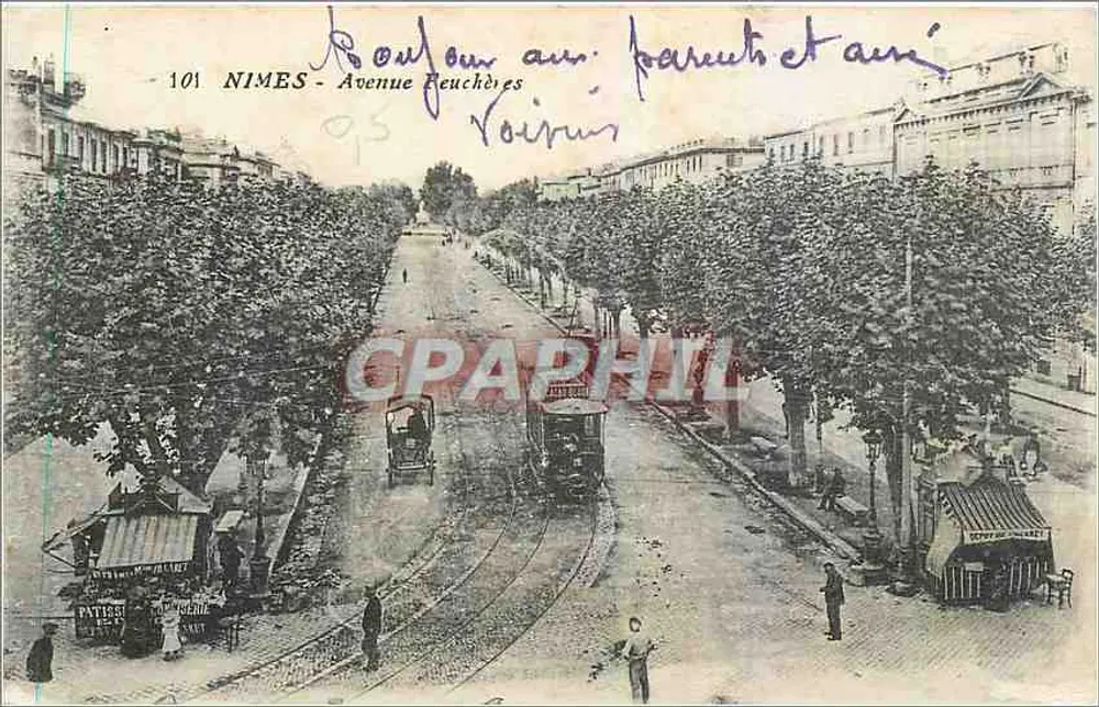Nîmes - Avenida Peuchères — vista da rua com trams e quiosques — editor desconhecido, n° 101 - Frente