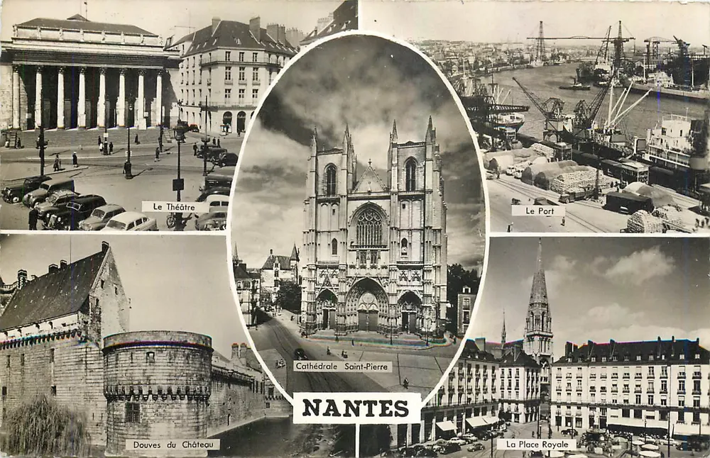 Nantes — Panoramablick mit dem Theater, der Kathedrale Saint-Pierre, dem Hafen, den Schlossgräben und dem Königplatz — Éditions Gaby - Vorderseite