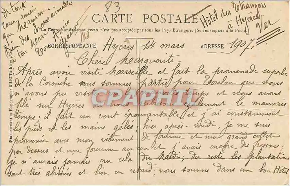Hyères — Aloès em Flor — Edição Giletta, fot., Nice, n° 1706 - Verso
