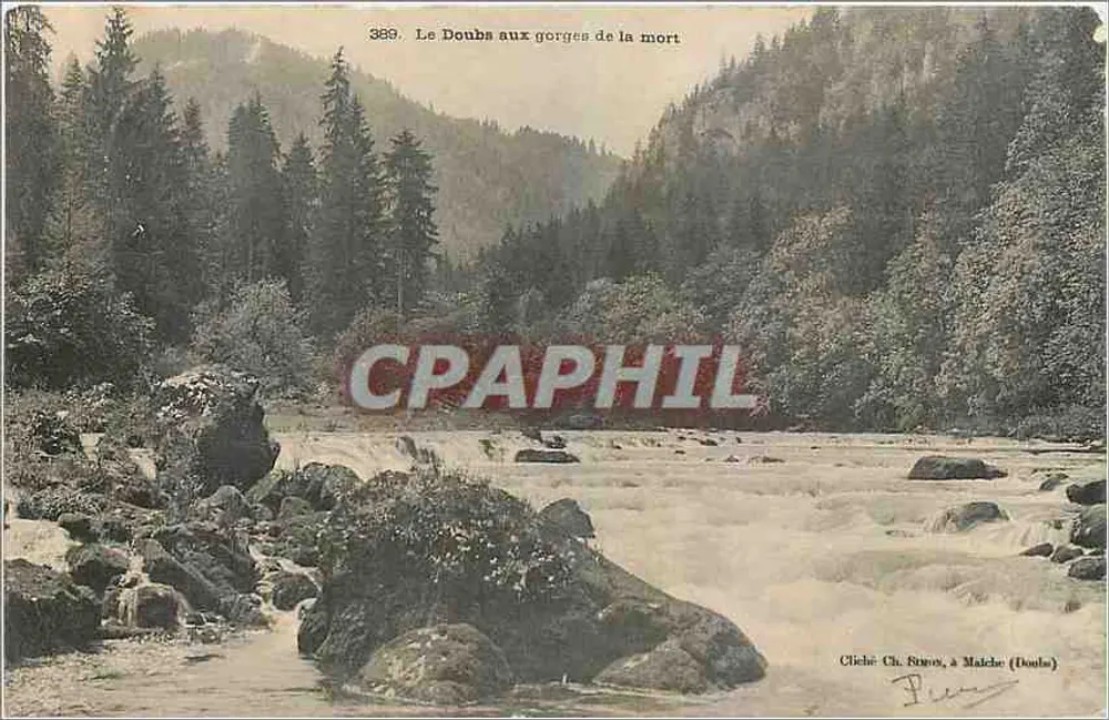 O Doubs nas gargantas da morte — cliché Ch. Stave, em Malche (Doubs) — n° 389 - Frente