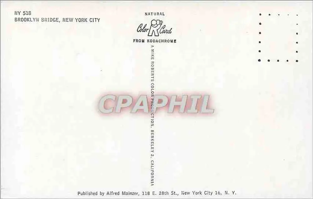 Brooklyn Bridge — Nova York — Publicado por Alfred Mainzer, 118 E. 28th St., Nova York City 16, N.Y. - Verso