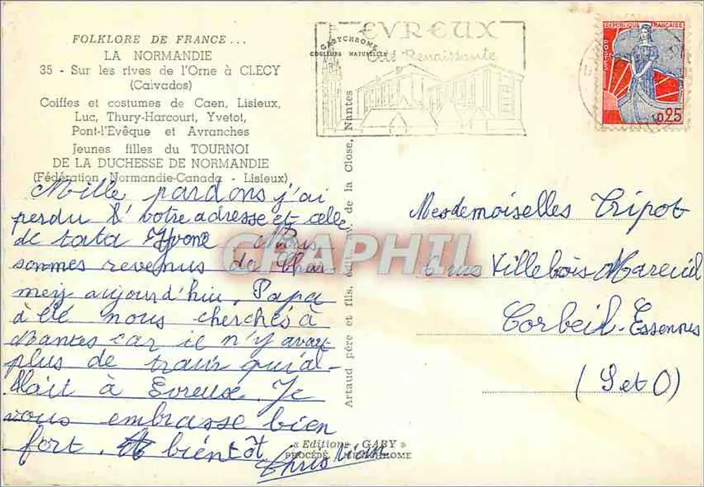 Folklore Frankreich — Normandie — Hüte und Kleidung von Caen, Lisieux, Luc, Thury-Harcourt, Yvetot, Pont-l'Évêque und Avranches — junge Mädchen des Turniers der Herzogin von Normandie — Éditions Gaby - Rückseite