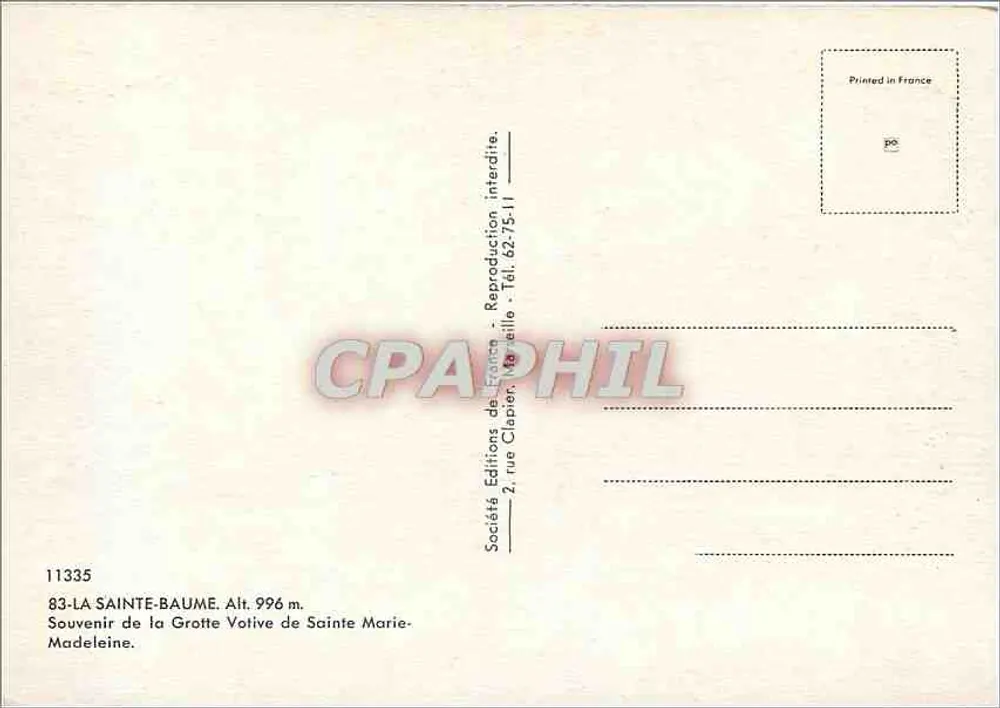 La Sainte-Baume — Lembrança da Gruta Votiva de Santa Maria Madalena — Edições Clapier - Verso