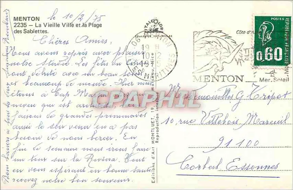 Menton — La Vieille Ville et la Plage des Sablettes — Éditions d'Art Montouet, n° 2235 - Verso