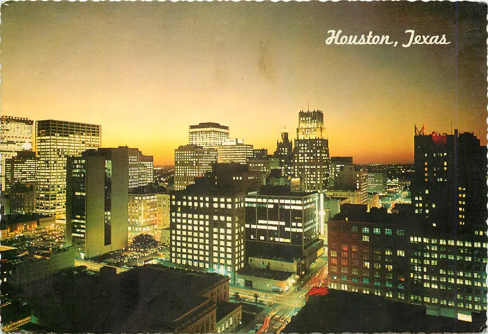 Houston, Texas — Sonnenuntergang über das Stadtzentrum — Astrocard Company, AC-14-A - Vorderseite