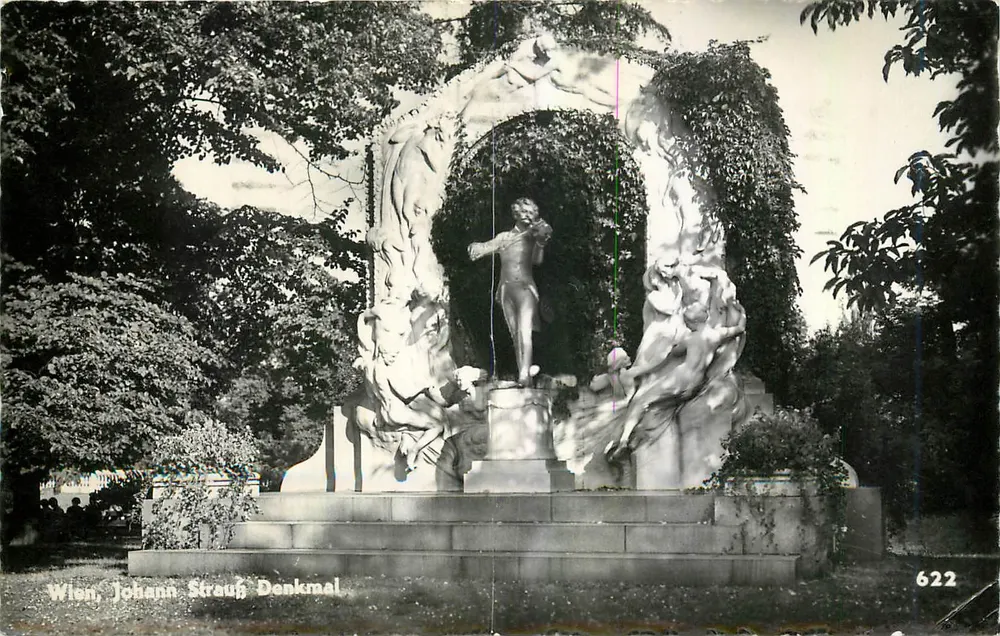 Wien, Johann Strauß Denkmal — monument sculpté avec statue centrale et décorations, éditeur Wien, Johann Strauß Denkmal, n° 622 - Frente