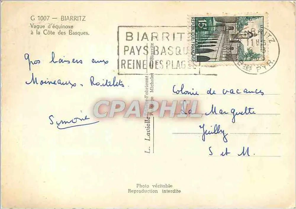 Onda de equinócio na Costa dos Bascos — Biarritz — editor L. Lavielle, n° G 1007 - Verso