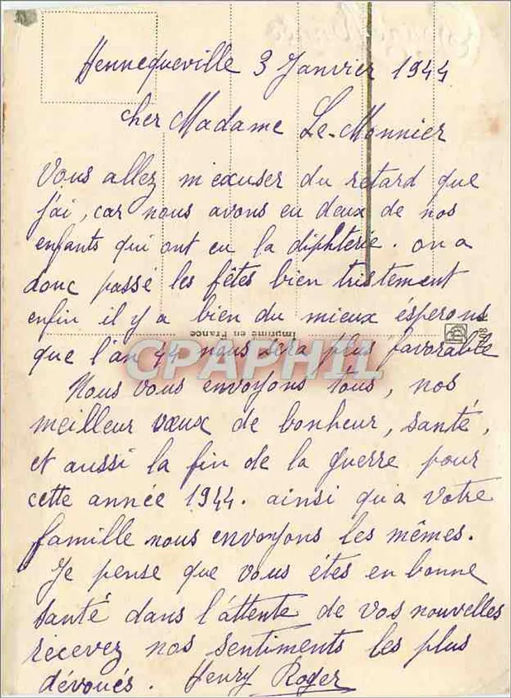 Rosier — carta de vœux com texto impresso e escrita à mão — Hennnequeville, 3 de janeiro de 1944 - Verso