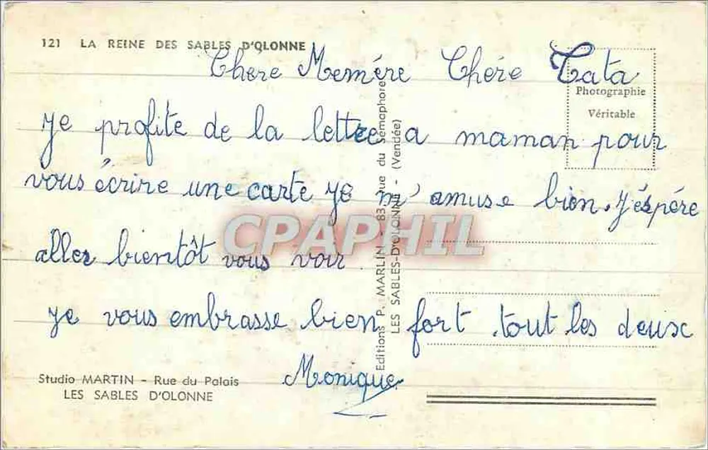 Mulher com chapéu de renda — Les Sables-d'Olonne — P. Marlin - Verso