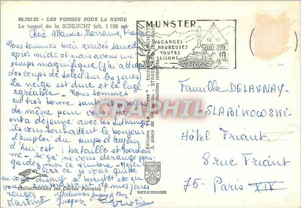 Túnel da Schlucht (alt. 1139 m) — Os Vosges sob a neve — editor IRIS, n° de série 68.392.82 - Verso