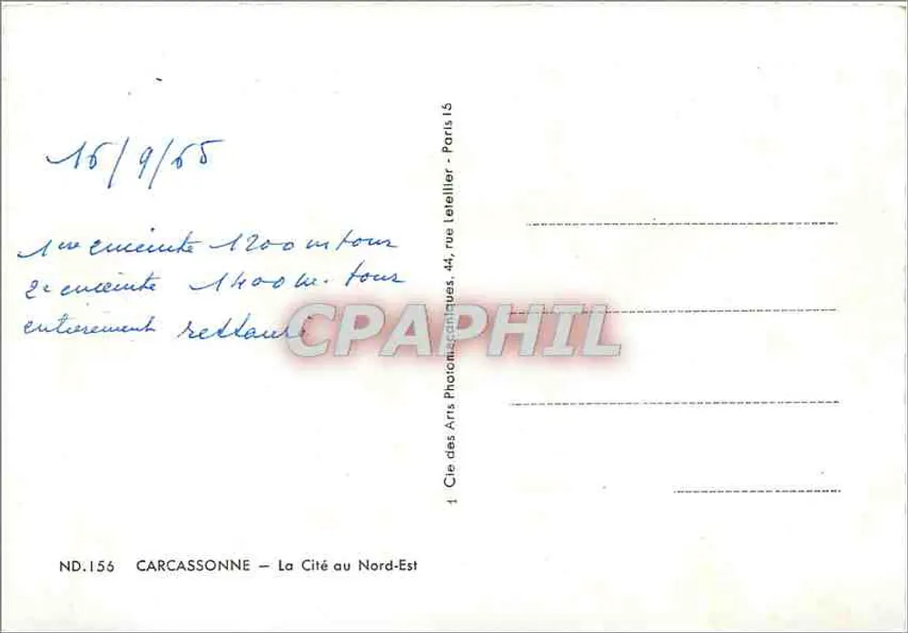 Carcassonne — A Cidade ao Nordeste — Cie des Arts Photographiques, 44, rue Letellier - Paris 15 - Verso