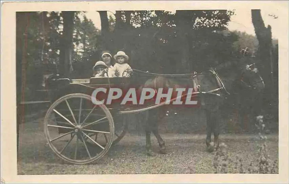 Família em uma carruagem puxada por um cavalo — Editor desconhecido, número de série não visível - Frente