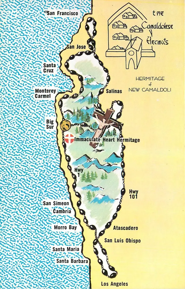 Antieke ansichtkaart van de kust van Big Sur — Immaculate Heart Hermitage en de Camaldolieten — uitgegeven door Dexter Press, Inc. - Voorkant