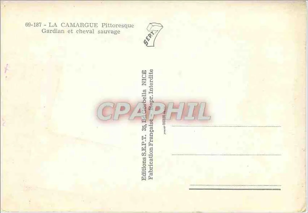 Gardian et cheval sauvage — La Camargue — Éditions S.E.P.T. NICE - Verso