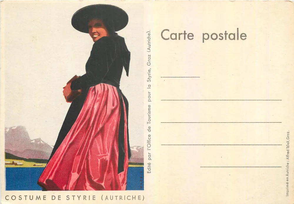 Traje de Styria (Áustria) — mulher trajada com chapéu preto e saia rosa — editor: Office de Turismo de Styria, Graz - Frente