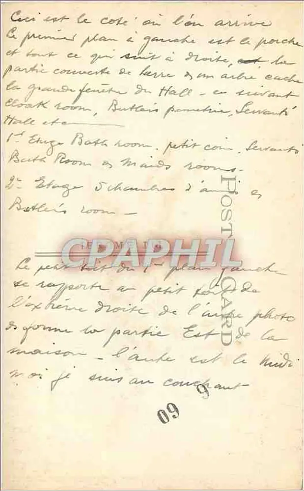 Casa de pedra coberta de videira — descrição interna — Carta postal - Verso
