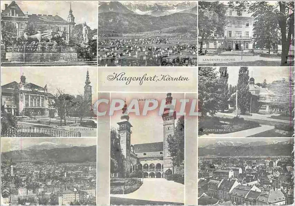 क्लागेनफर्ट, कर्न्टेन — लैंडहाउस, लैंडेसरेगियर, स्टैड्टथिएटर, लिंडवर्म और कुंस्टलरहाउस के साथ पैनोरमिक दृश्य — प्रकाशक फ्रैंक-वर्लाग ग्राज़ - आगे
