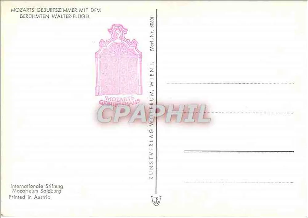 모차르트의 탄생 방 — 유명한 왈터 클라비체인과 함께 — 출판사 Kunstverlag Wien, 번호 6020 - 뒷면