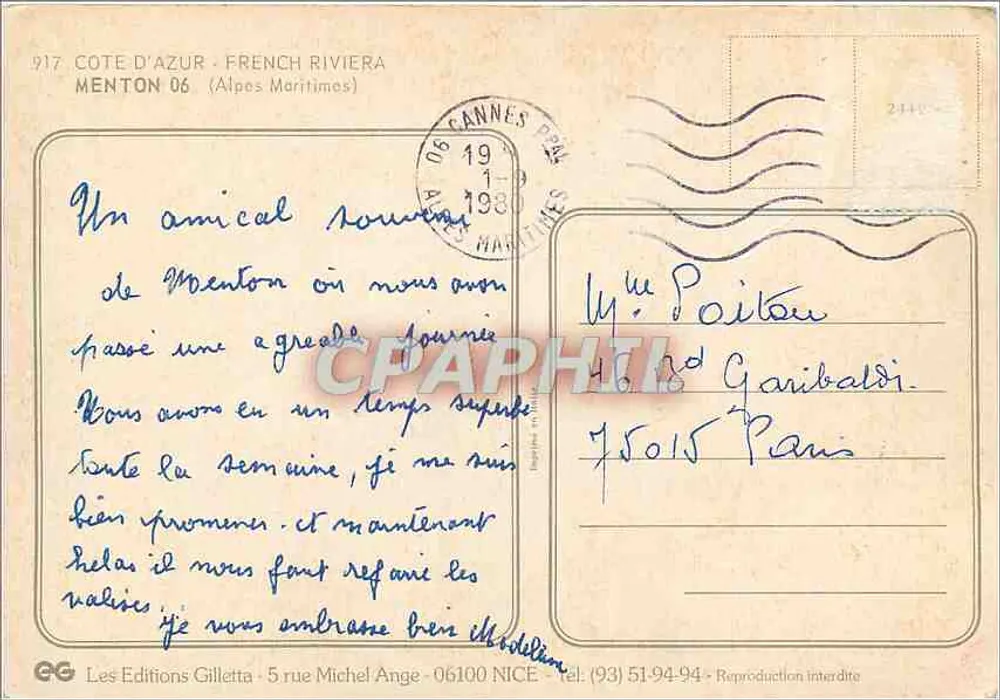 Menton — vista panorâmica e praia — Les Editions Gilletta, n° 917 - Verso