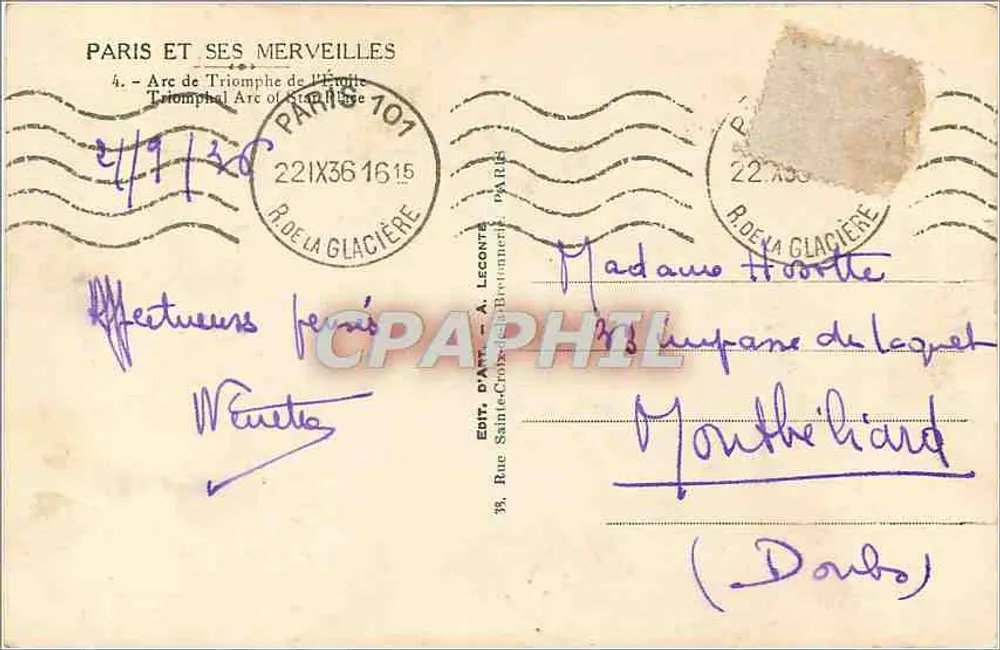 Arco da Vitória da Estrela — Paris — Edição D'Art Sainte-Croix - Verso