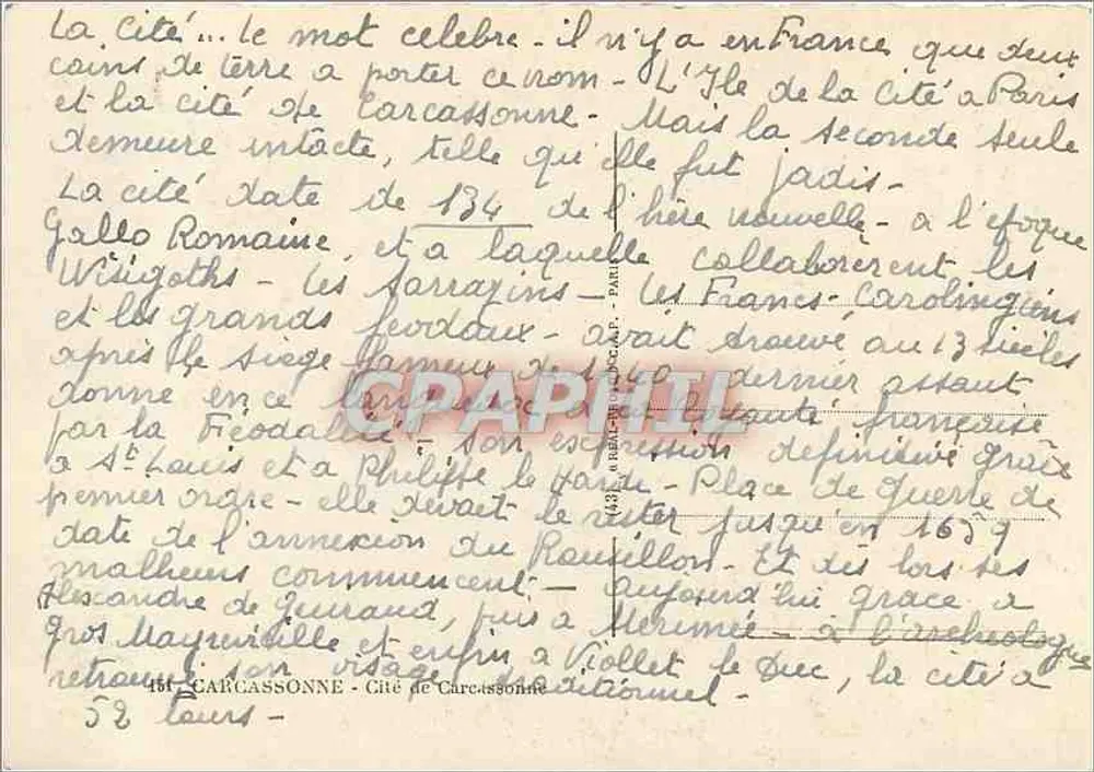 Carcassonne — Cidade Medieval — Editor: C.P.A.P.H.I.L. n° 461 - Verso
