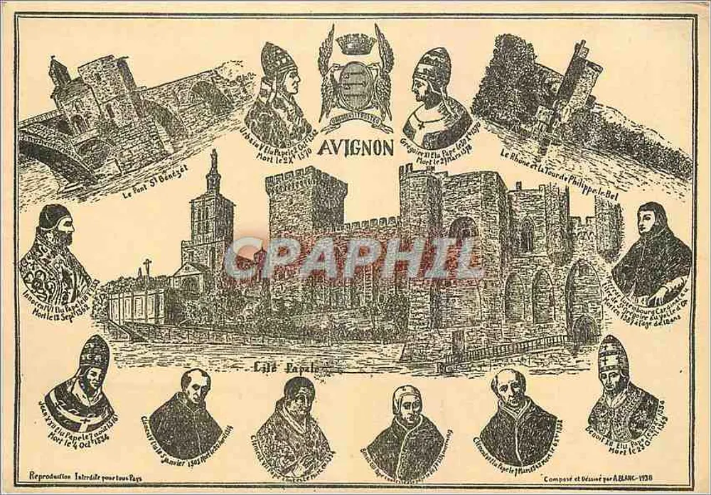 Avignon — Vista histórica com personagens e monumentos — Compagnie e Desenhado por A. BLANC - N°138 - Frente