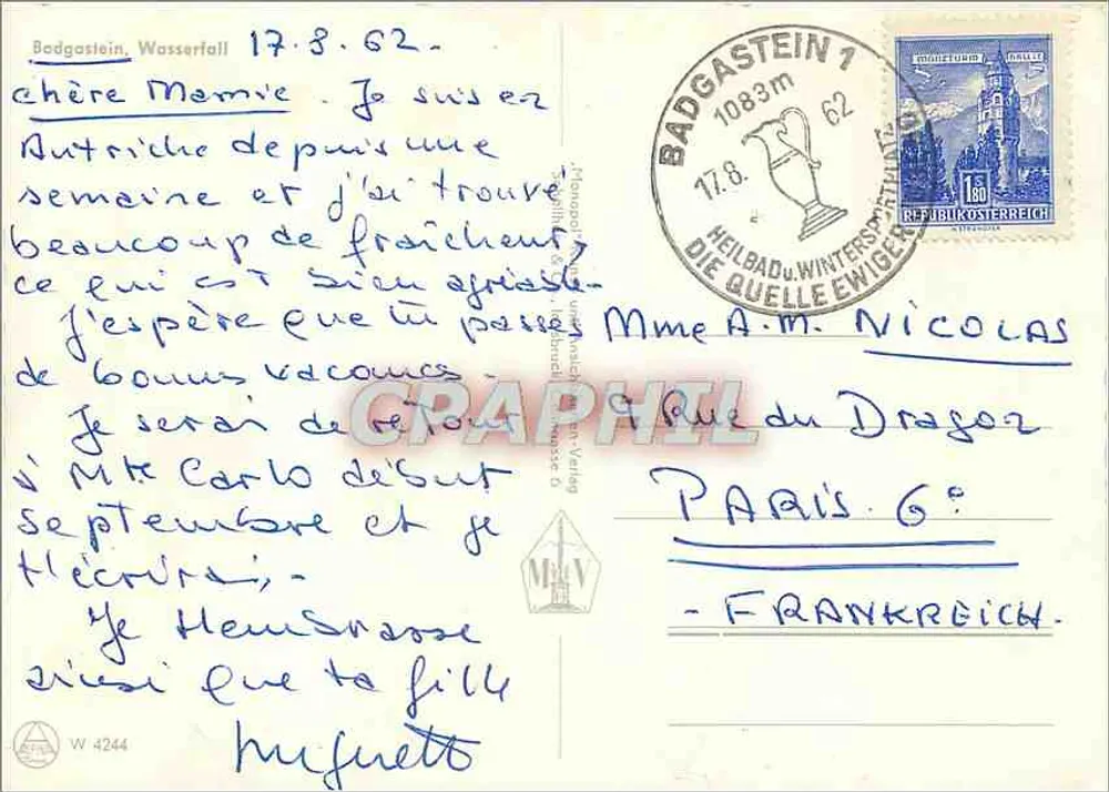 Bad Gastein — cascata e edifícios — editor não visível - Verso