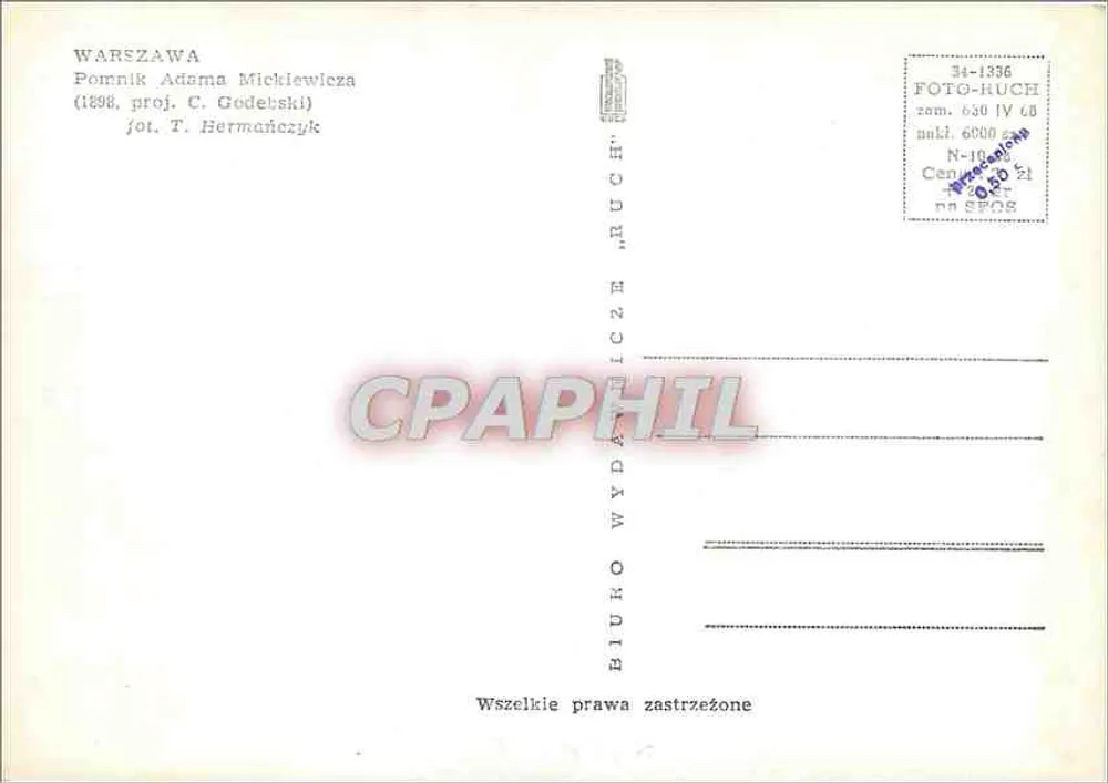 Monumento a Adam Mickiewicz — Warszawa — editor BIURO WYDAWNICZE „RUCH” - Verso