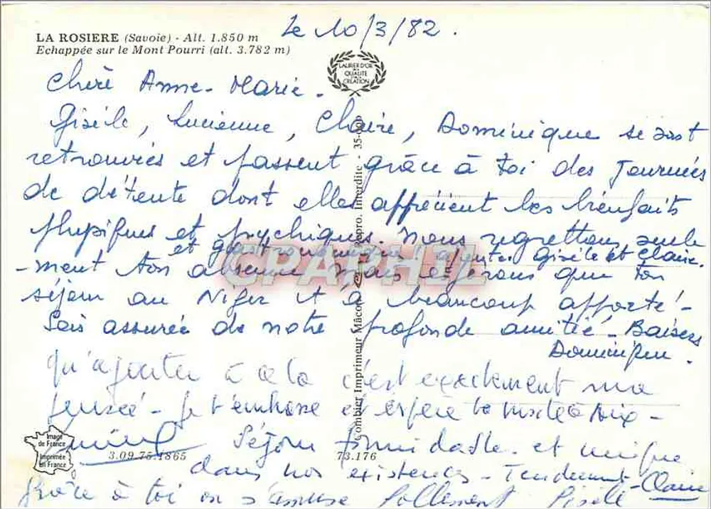 La Rosière (Savoie) — vue enneigée avec chalet et montagne — Imprimerie Météo - Verso