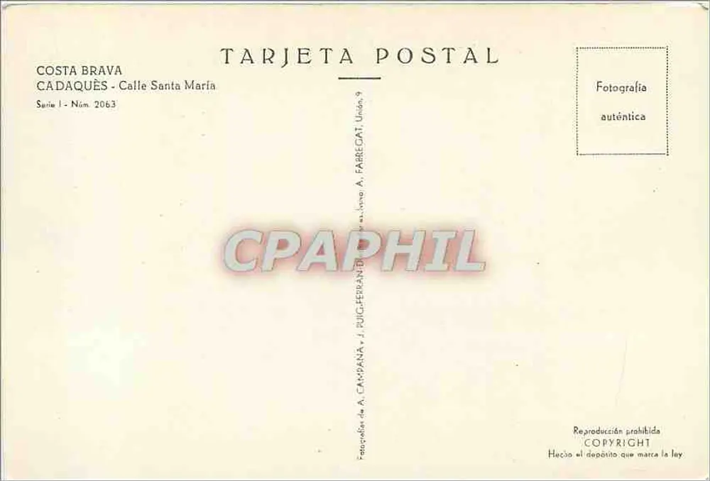 Cadaqués - Rua Santa Maria — Costa Brava — editor A. Fabregat, série 1 n° 2063 - Verso