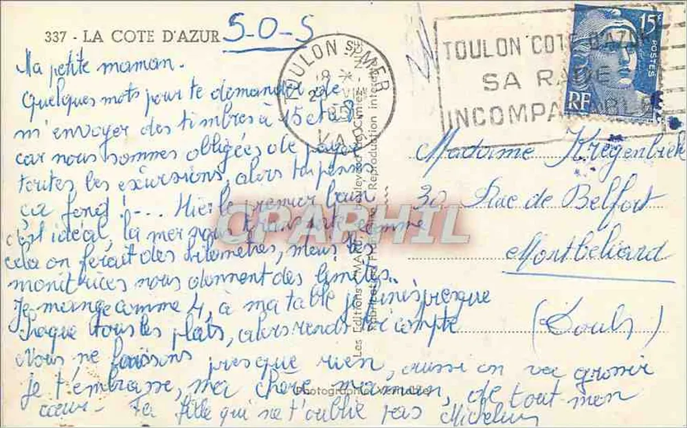 Côte d'Azur — zachód słońca — wydawca M. Monnier, n° 11 - Rewers