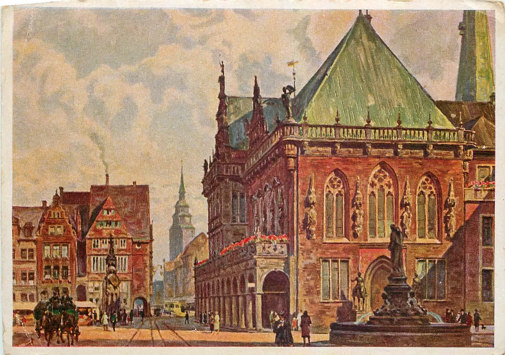 Bremen, Marktplatz — vista do Rathaus e da fonte — Jo-Be - Frente