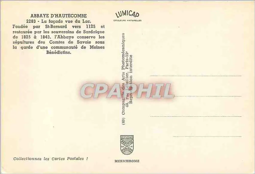 Abadia de Haute-combe — vista do lago — editor IRIS, n° 2283 - Verso