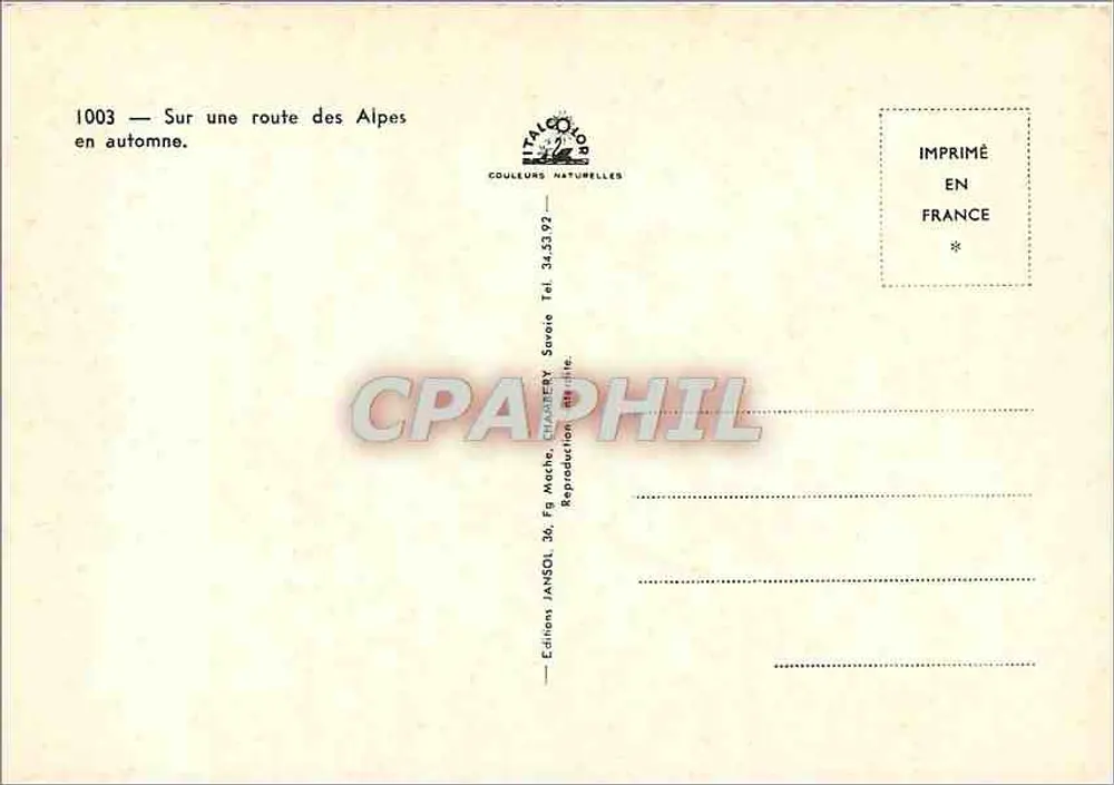 Estrada das Alpes — Outono — Éditions Couleurs Naturelles, n°1003 - Verso