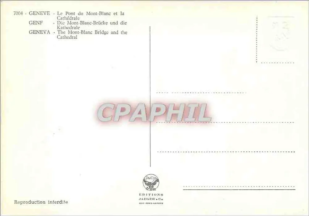 Genf - Die Brücke Mont-Blanc und die Kathedrale — Éditions Jaeger & Co, n° 7004 - Rückseite